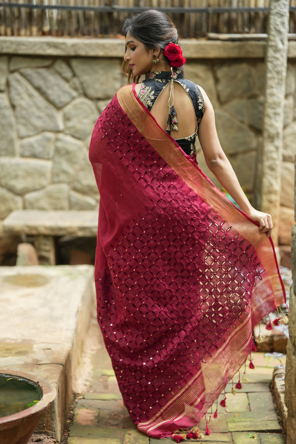 Chudi Design- Linen by Linen Cutwork and Mirrorwork Saree in Deep Red