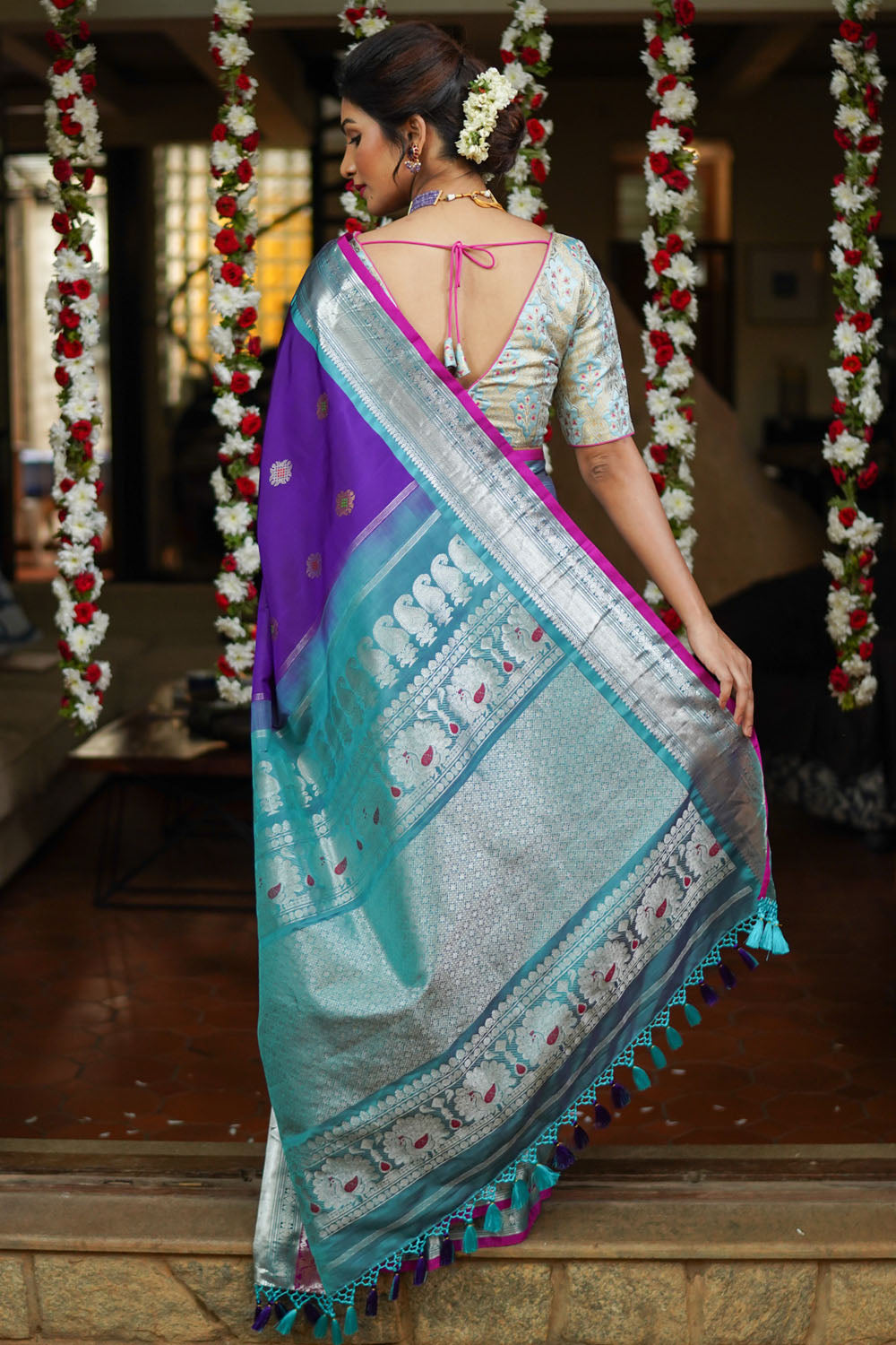 Purple Muggu design meenakari gadwal silk saree with two tone border / SILK MARK CERTIFIED