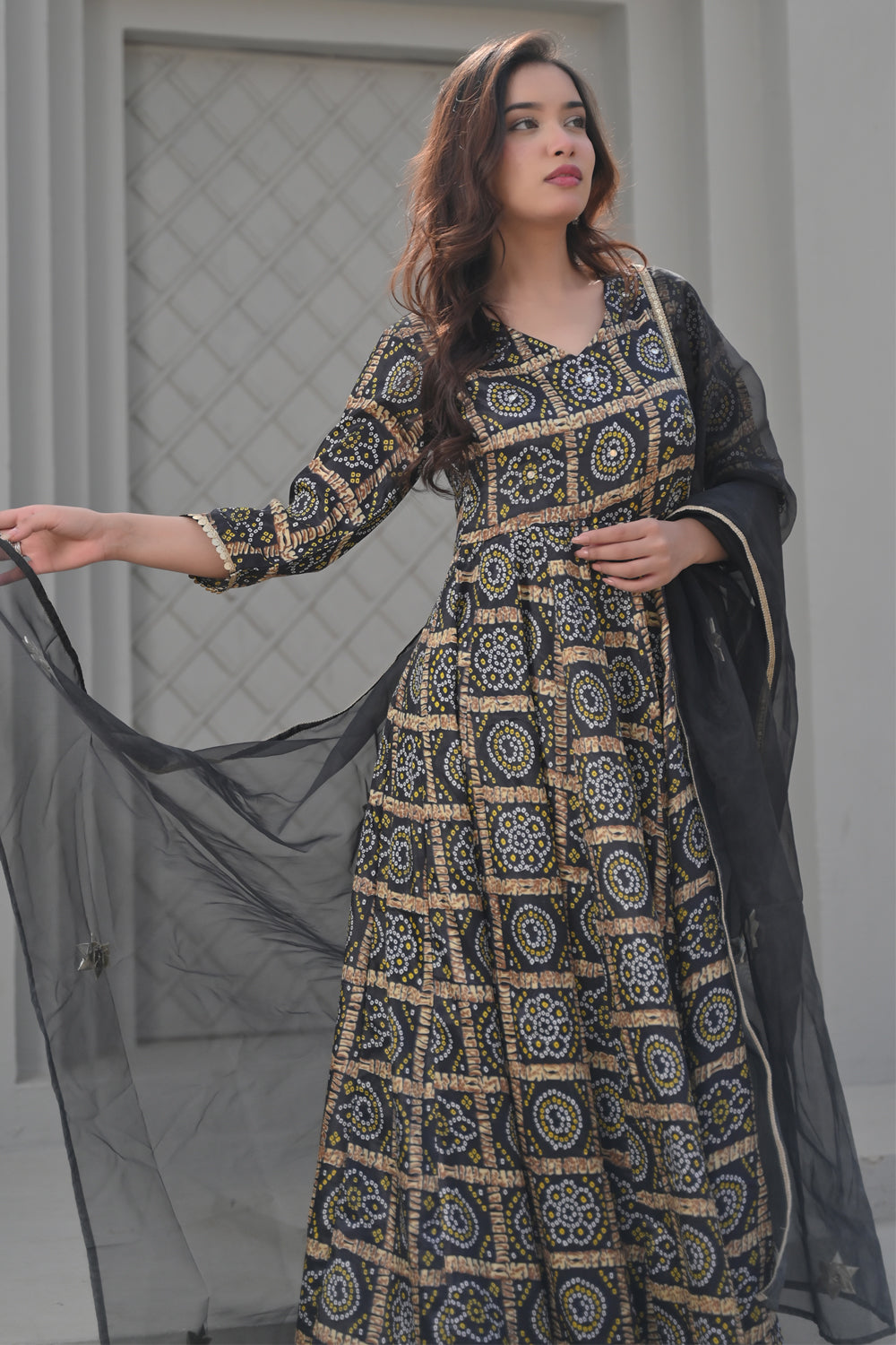 Raina Ankle Length Black Anarkali with Patola Print 3 Piece Set | Made To Order