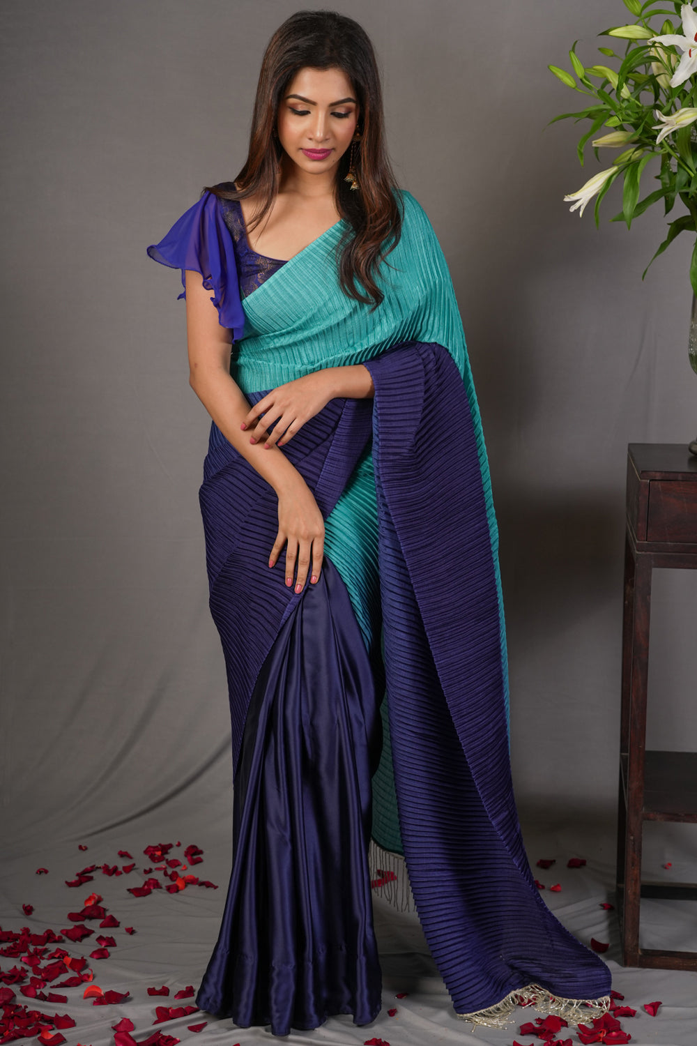 Sky blue ombre shaded pleated satin saree