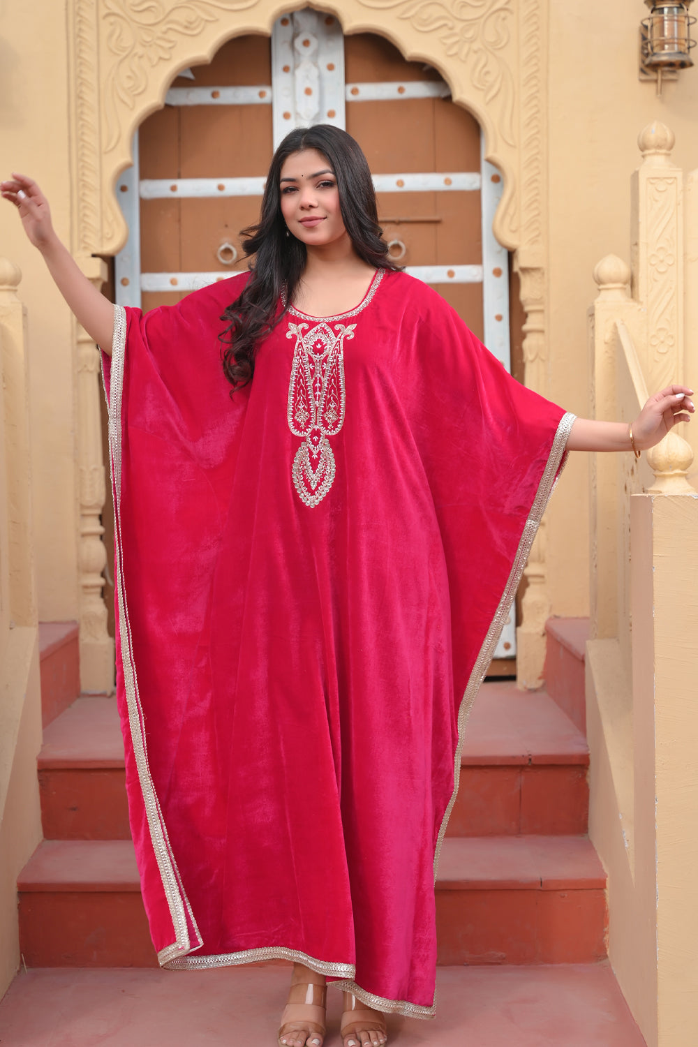 Mumtaz Velvet Kaftan in Rani Pink with Handwork on Yoke | Made To Order