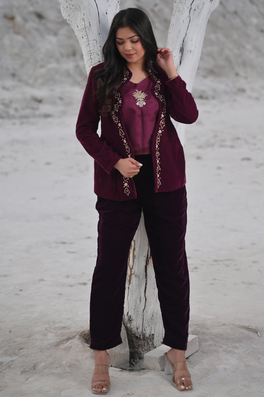 Unique Scarlet Velvet Blazer, Top & Pant 3 Piece Set in Wine | Made To Order. Perfect for Winter!