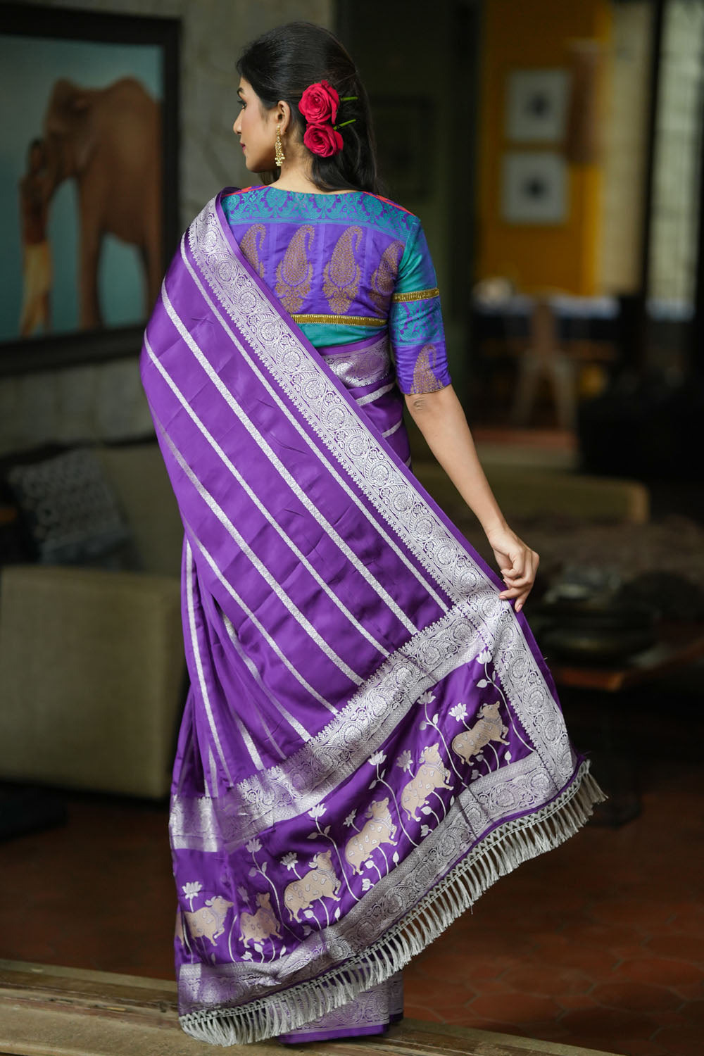 Purple viscose Satin Saree With Silver Zari Stripes and Pichwai Pallu