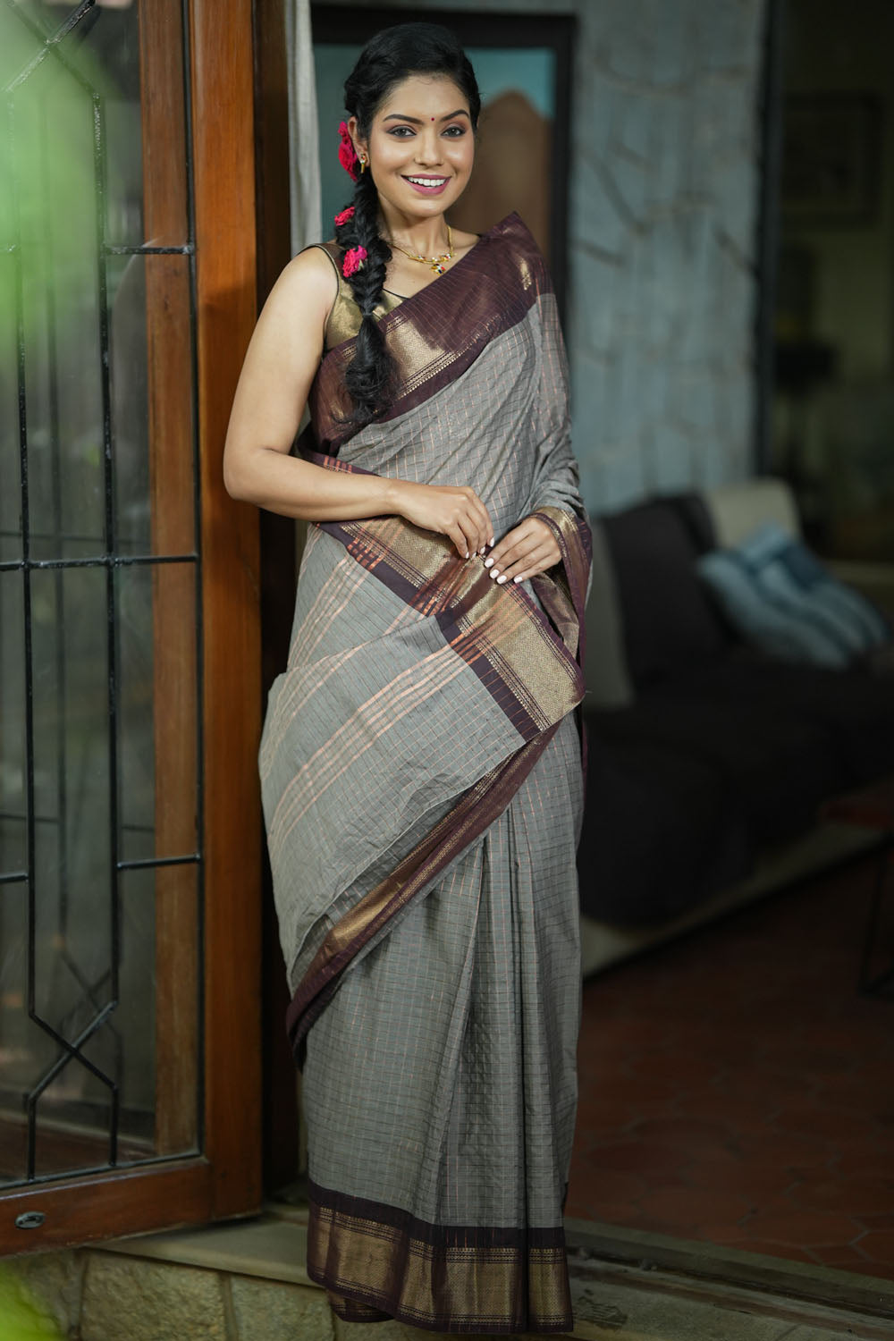 Grey & brown chettinadu Cotton Zari Checks Saree