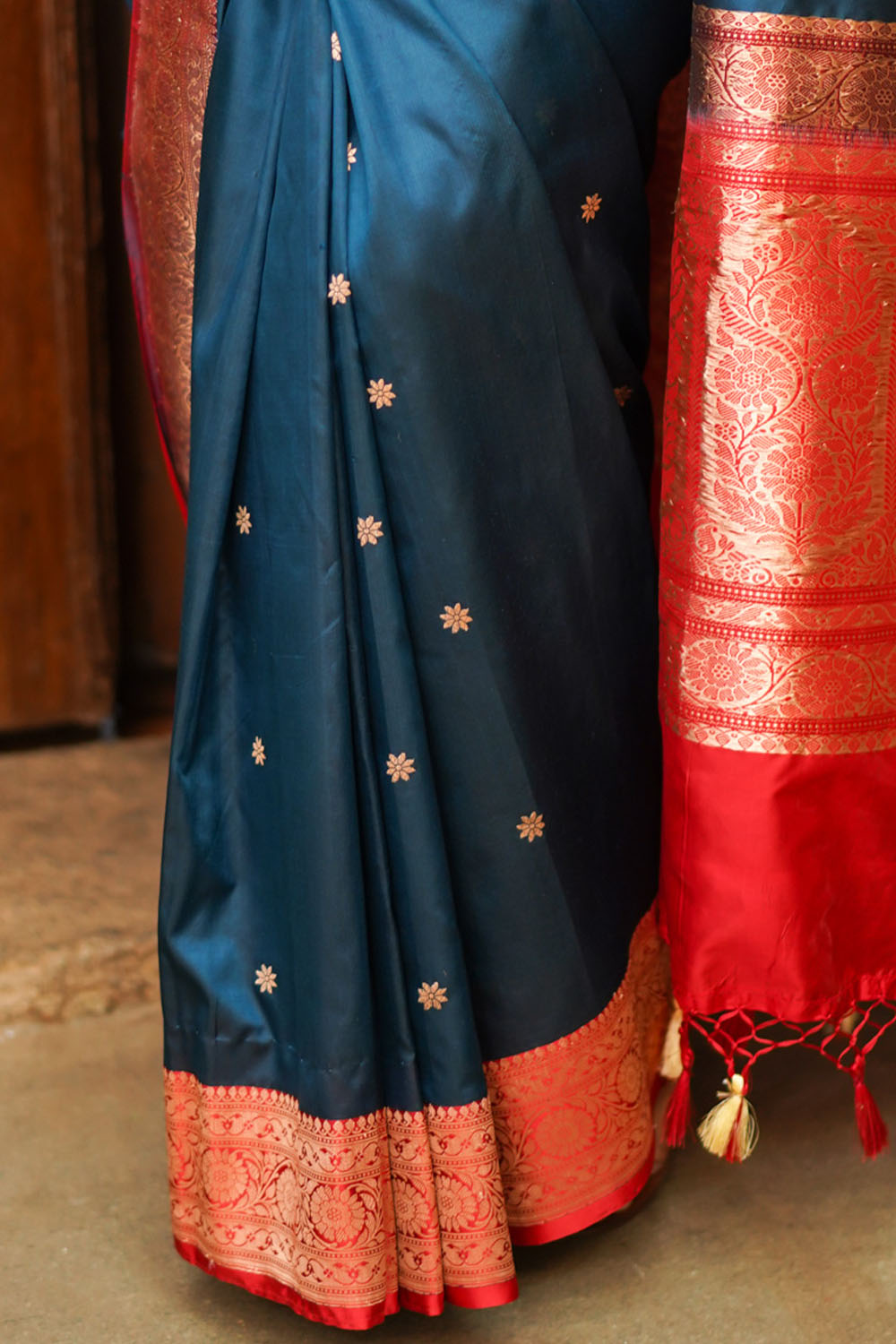 Prussian Blue Banarasi Katan Silk Saree with Chunri Buttis and Koniya Motifs | SILK MARK CERTIFIED