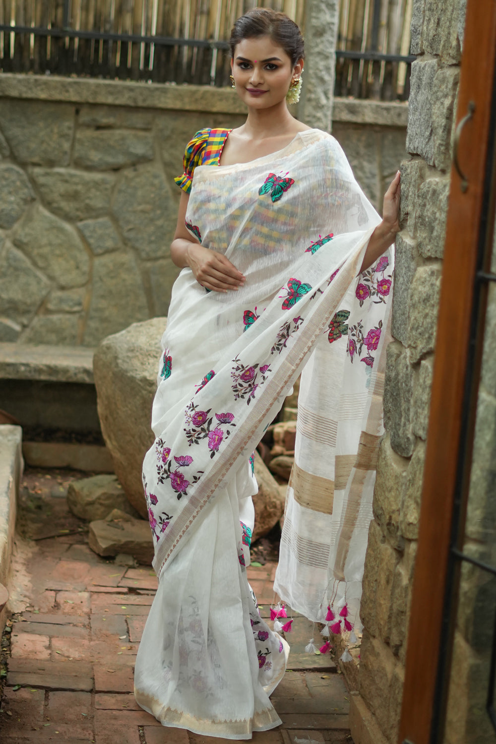 Floral Embroidered Silk Linen Saree in Off White