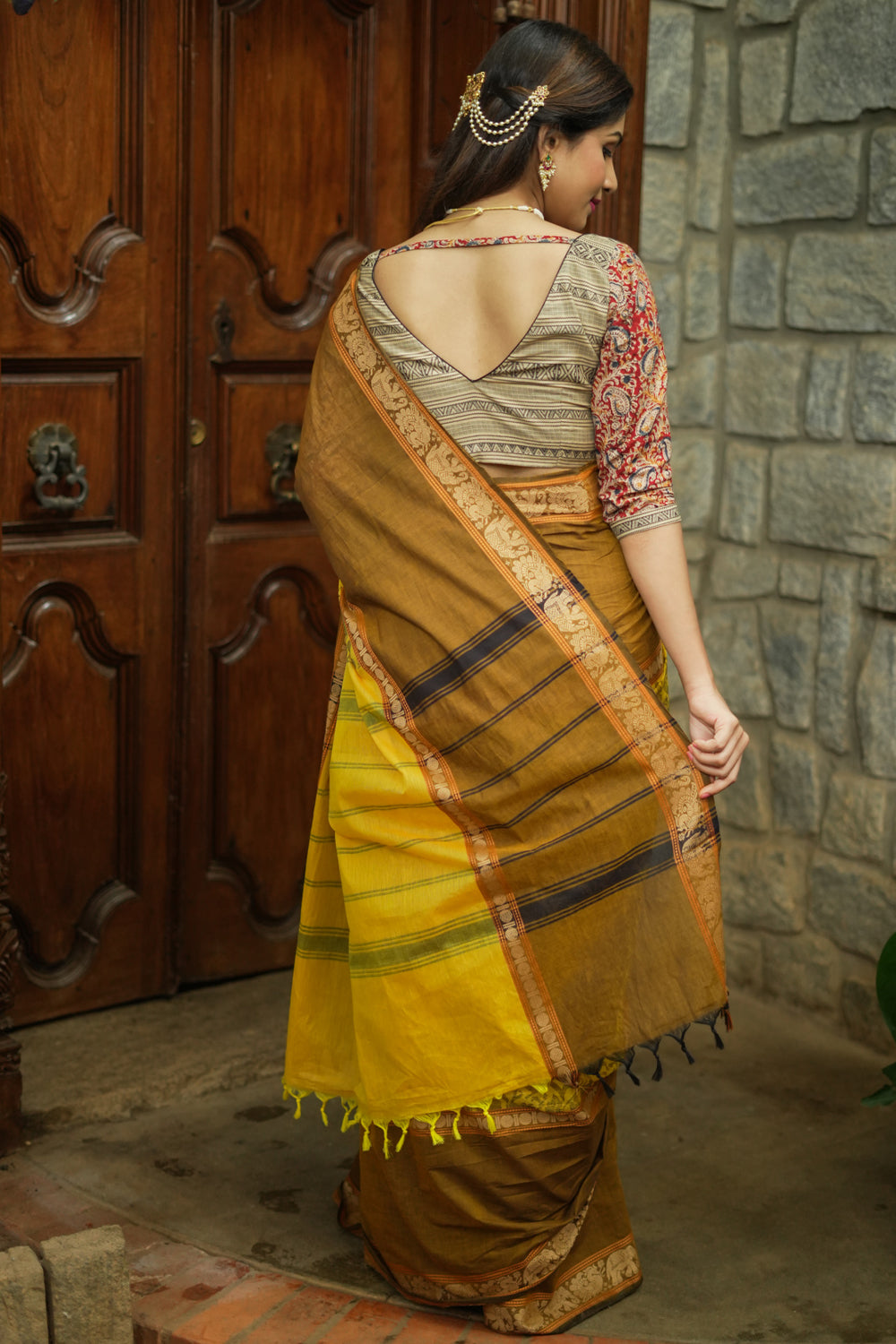 Methi yellow and brown chettinad cotton saree