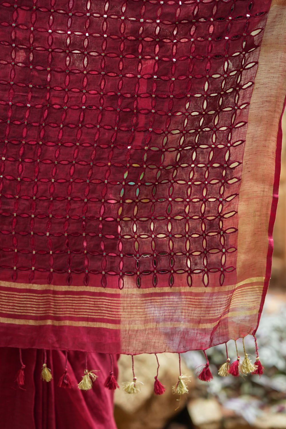 Chudi Design- Linen by Linen Cutwork and Mirrorwork Saree in Deep Red