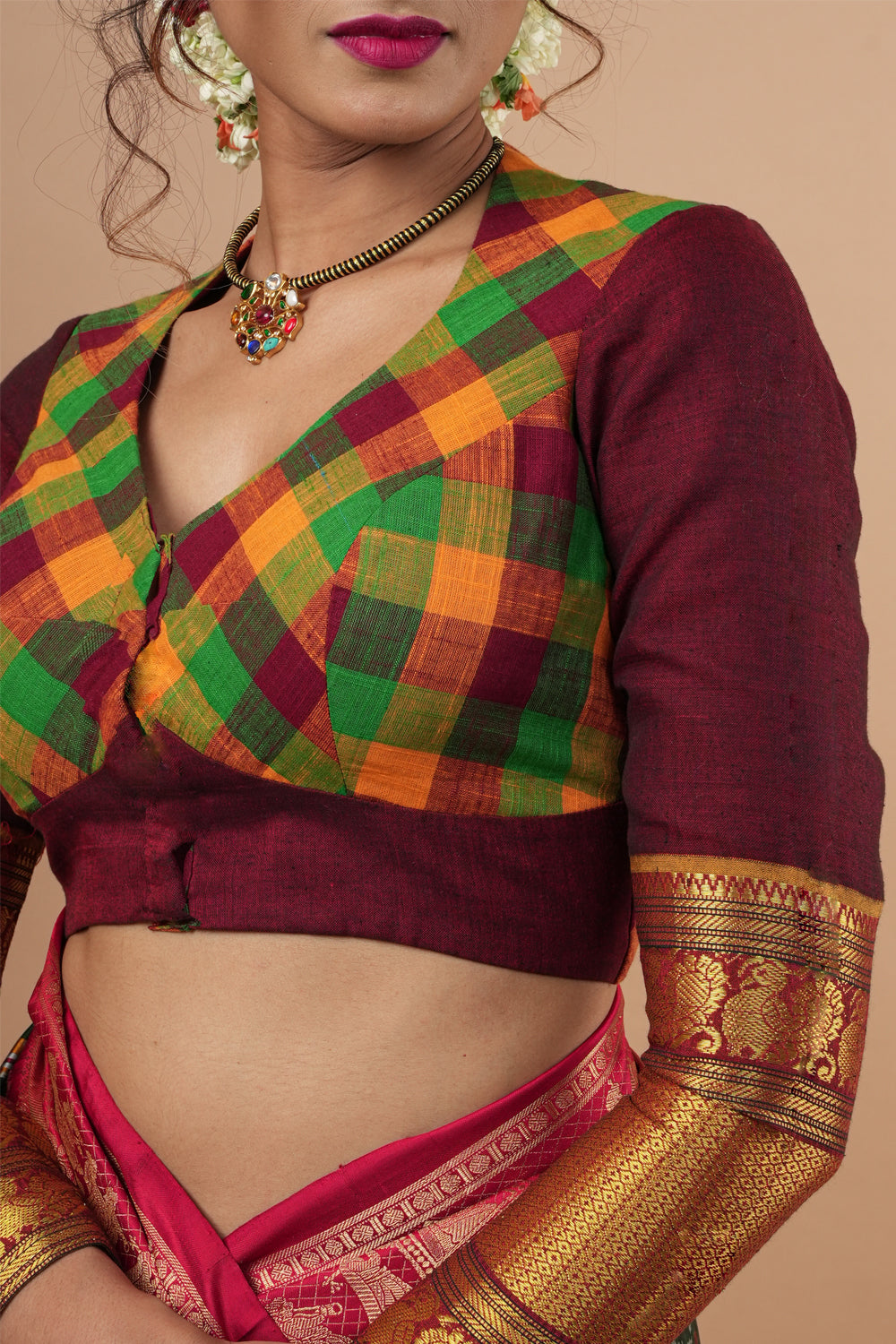 Madras Cotton checks goblet neck blouse with zari sleeves and tie back