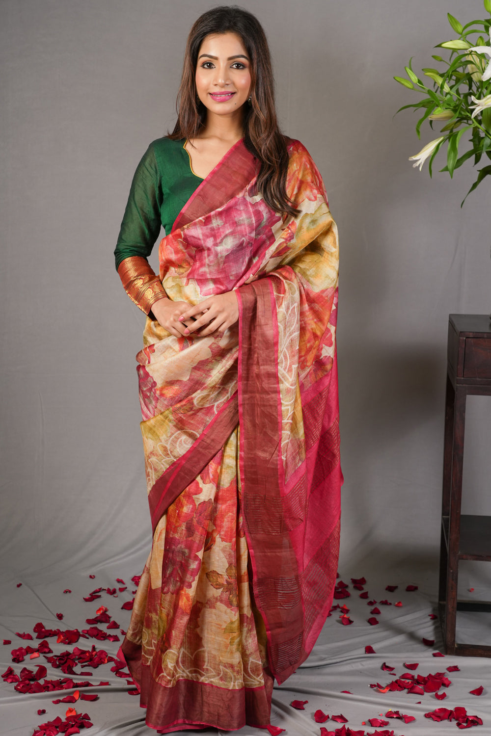 Jari Tussar Silk Saree with Floral Digital Print in Beige | SILK MARK CERTIFIED