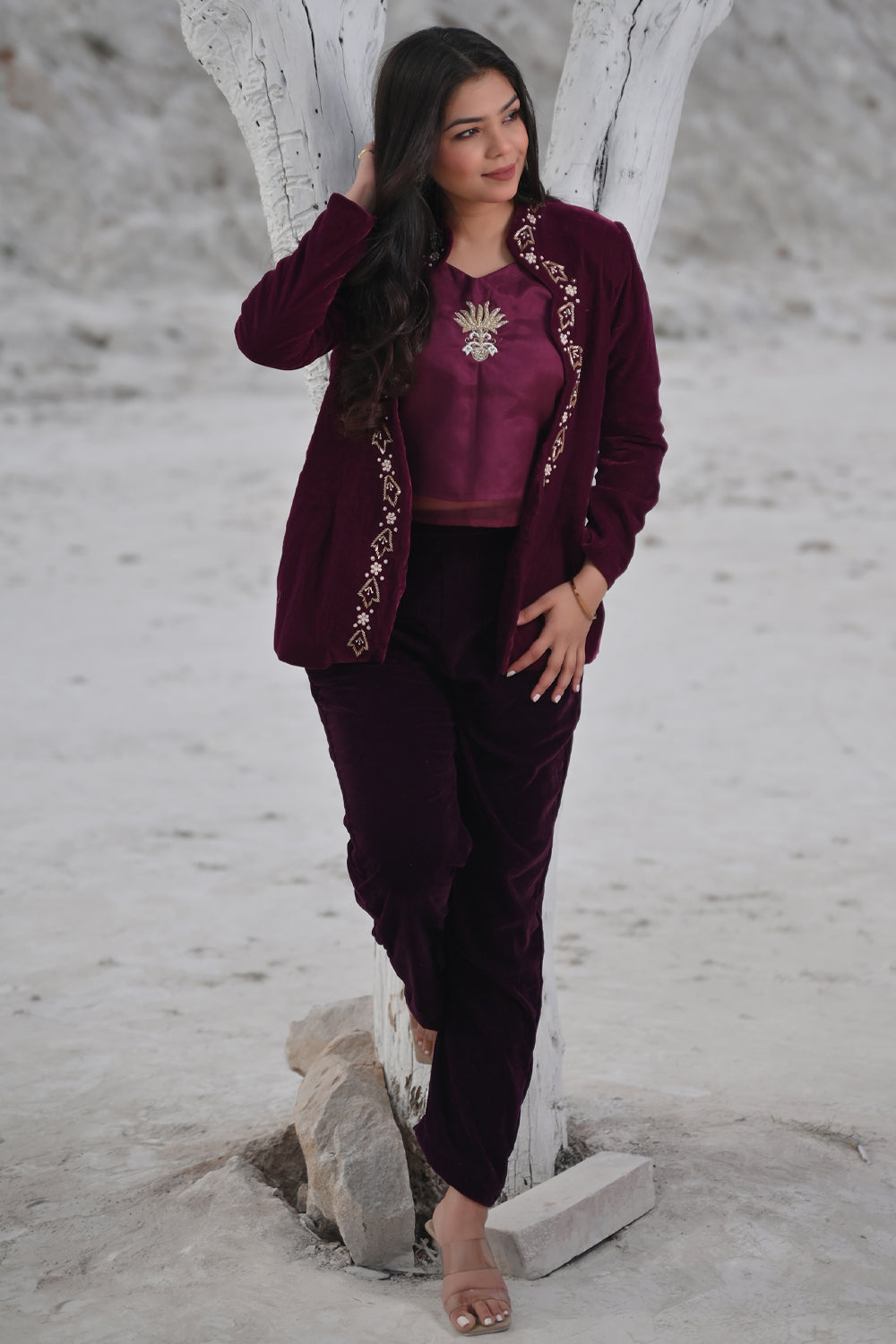 Unique Scarlet Velvet Blazer, Top & Pant 3 Piece Set in Wine | Made To Order. Perfect for Winter!
