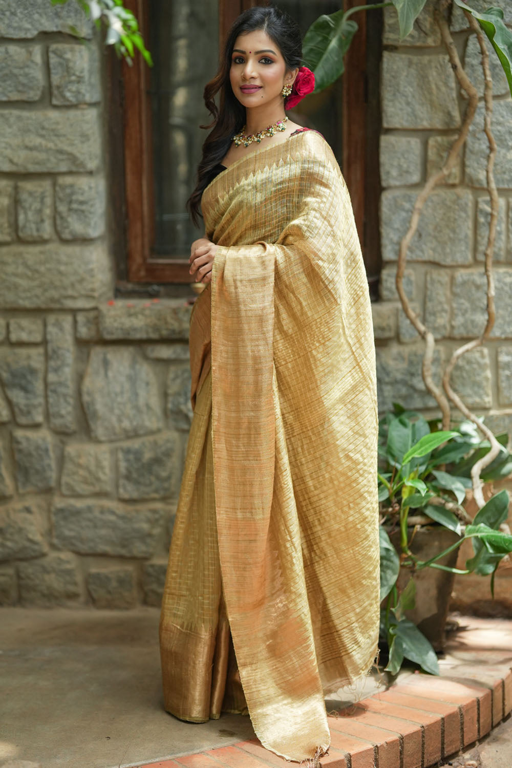 Matka Silk Saree in Gold with Zari Checks and Wide Zari Temple Border | SILK MARK CERTIFIED