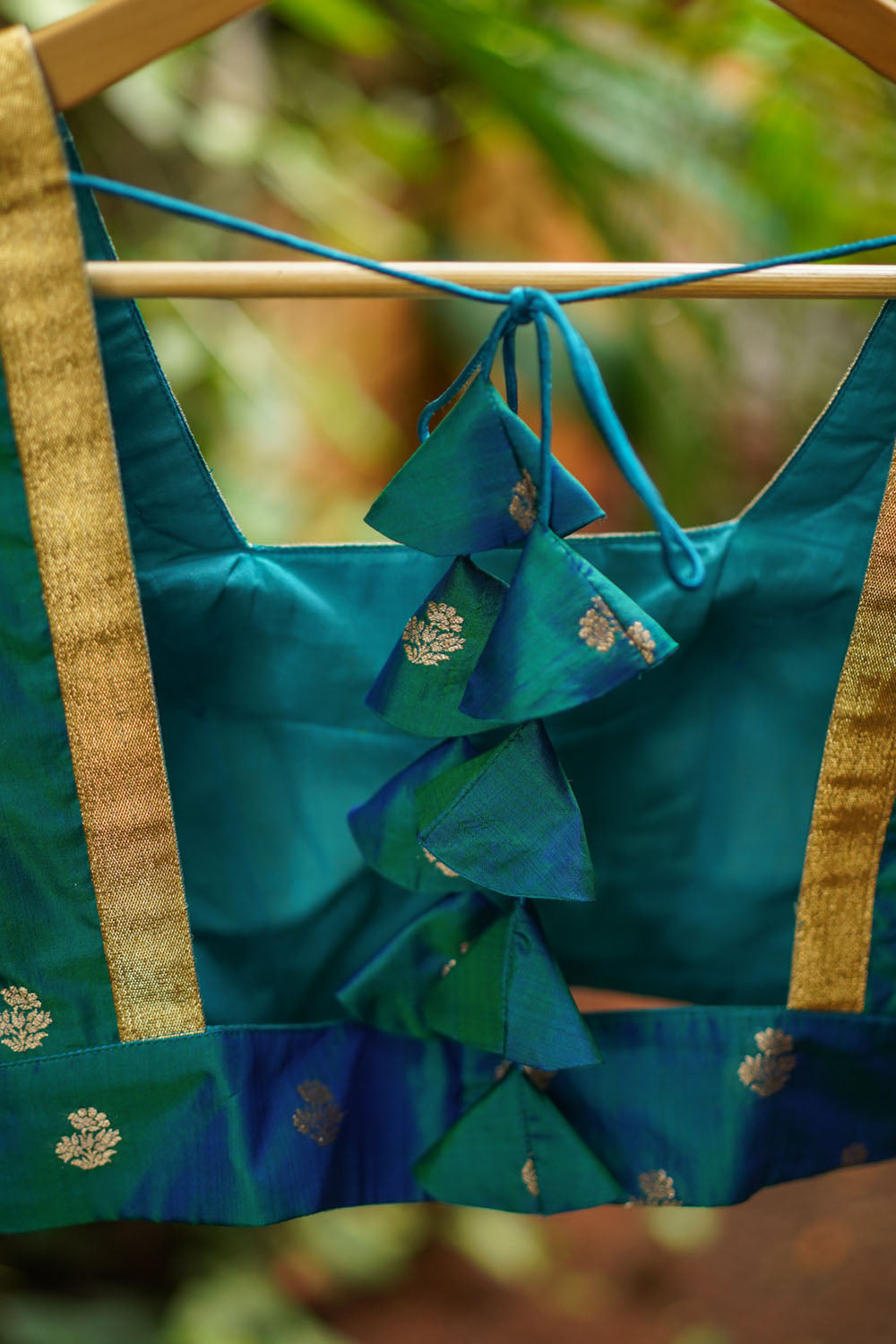 Teal pure silk with gold motif square neck blouse