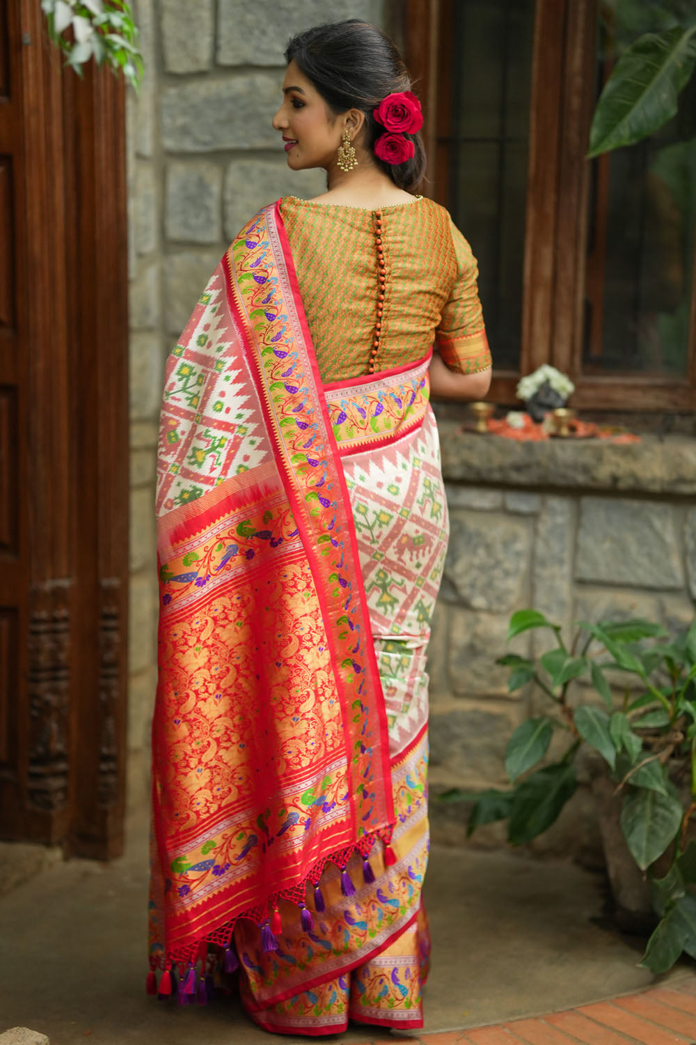 White & red exquisite Ikkat patola kanjivaram saree with paithani wide border