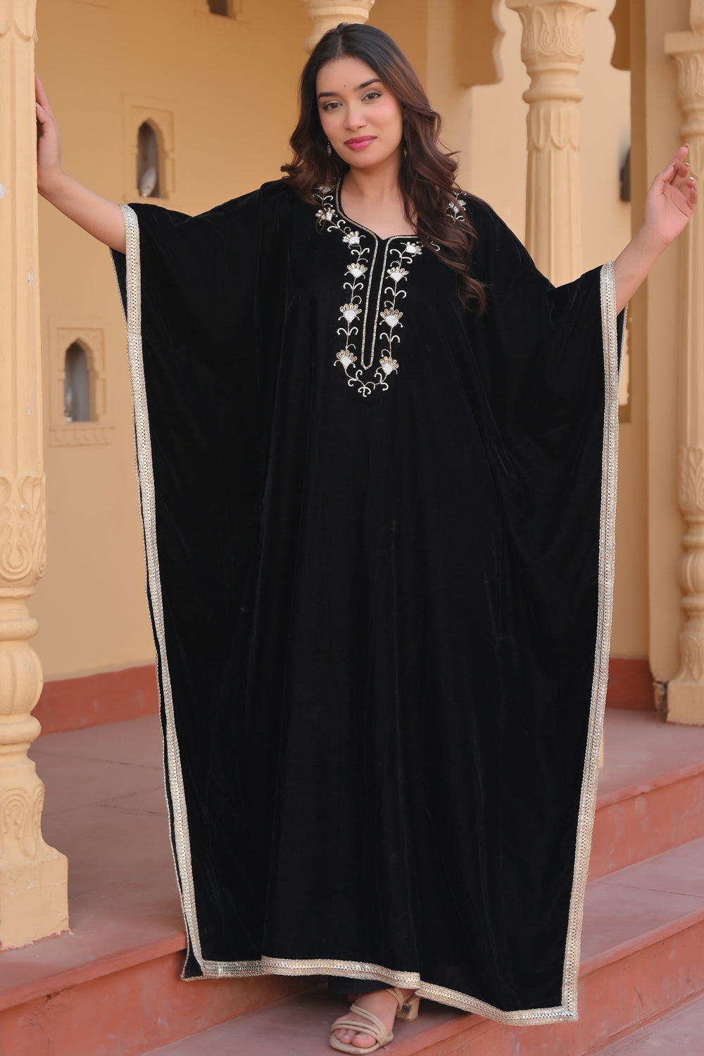 Zeenat Velvet Kaftan with lace border detailing in Black | Made To Order