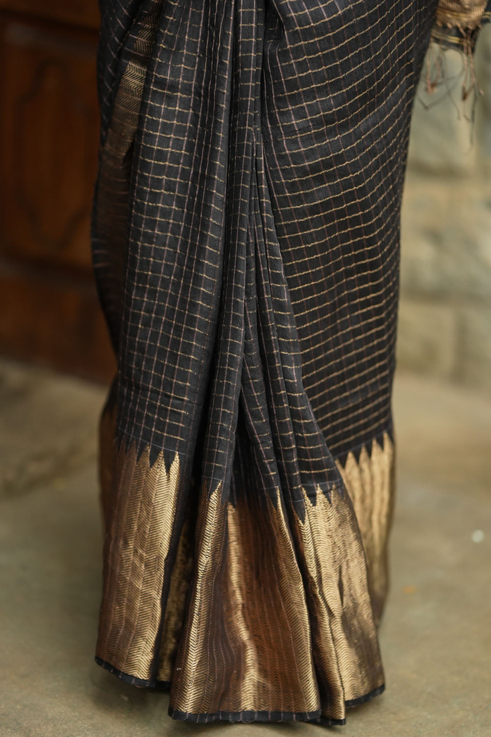 Matka Silk Saree in Black with Zari Checks and Wide Zari Temple Border | SILK MARK CERTIFIED