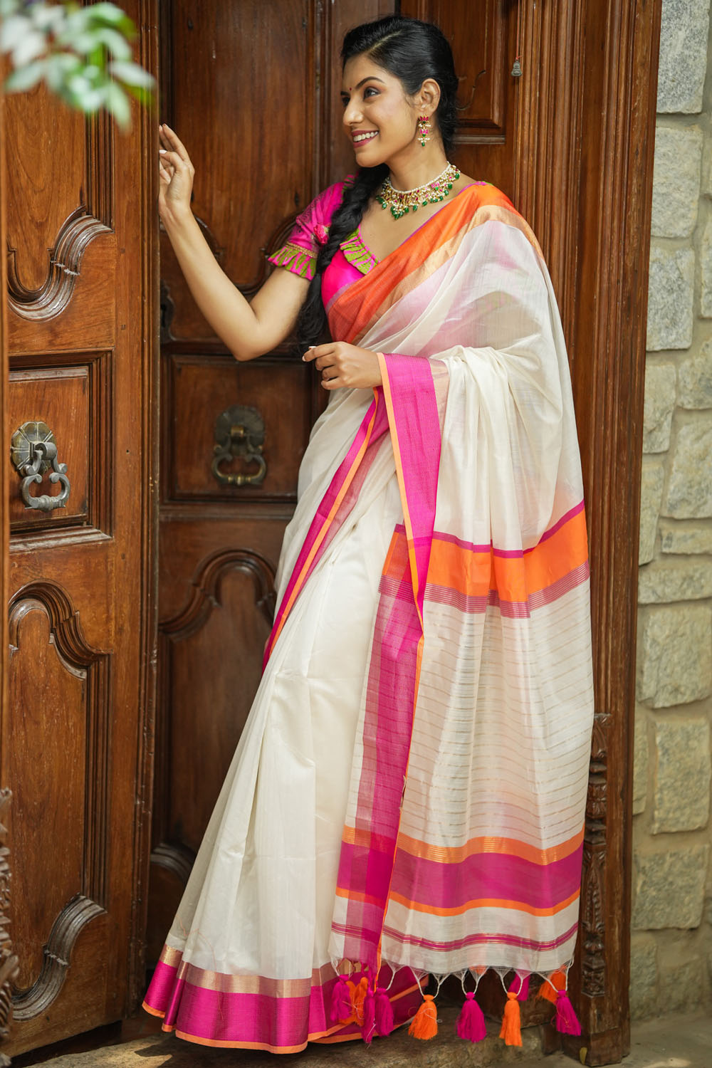 White silk maheshwari with ganga jamuna border