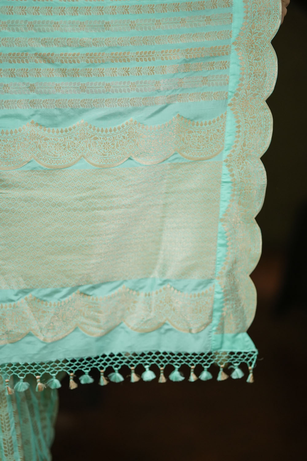 Unique Scalloped Borders Pure Brocade Banarasi Katan Silk Saree in Pastel Sea Green | SILK MARK CERTIFIED