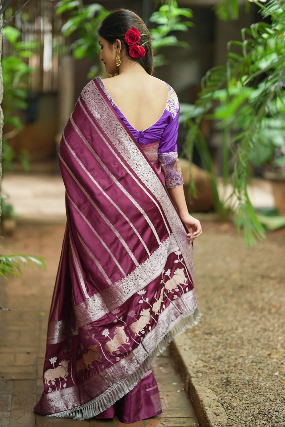 Wine viscose Satin Saree With Silver Zari Stripes and Pichwai Pallu