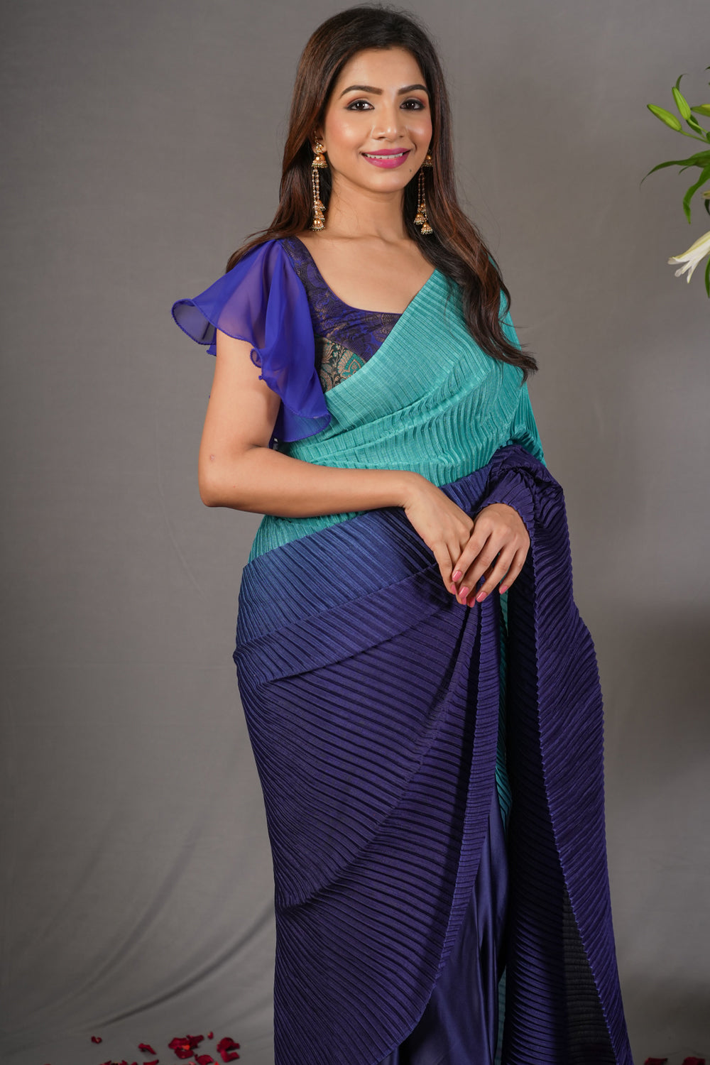 Sky blue ombre shaded pleated satin saree