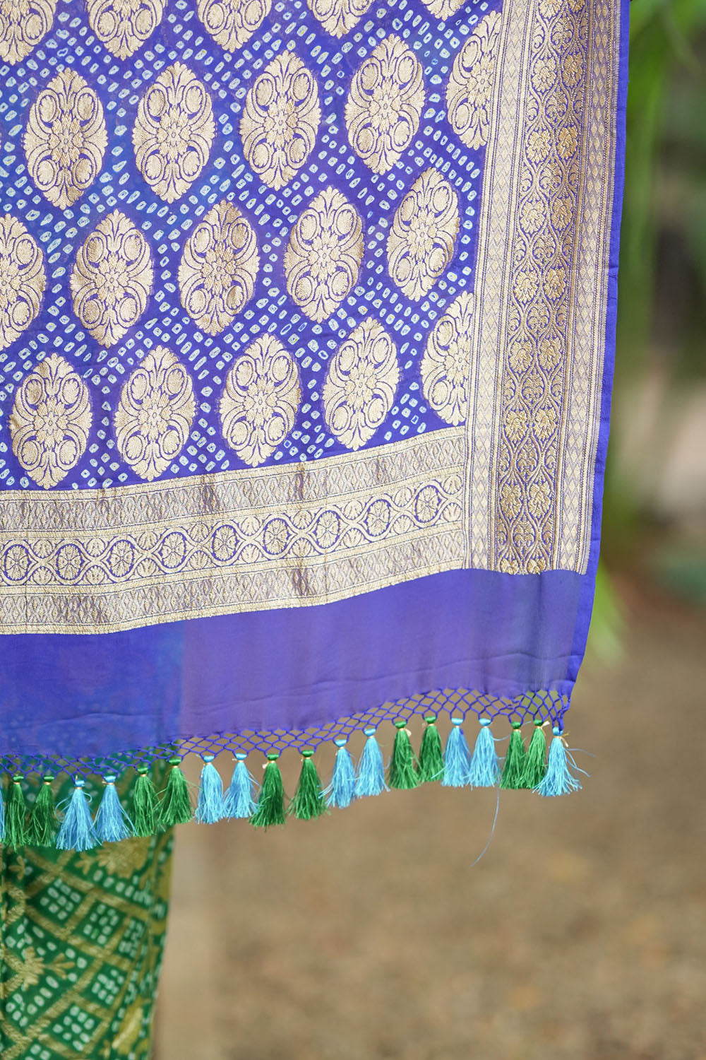 Authentic Hand Bandhej Banarasi Silk Georgette Saree in Green,Teal & Blue with Ombre jaal pattern| SILK MARK CERTIFIED