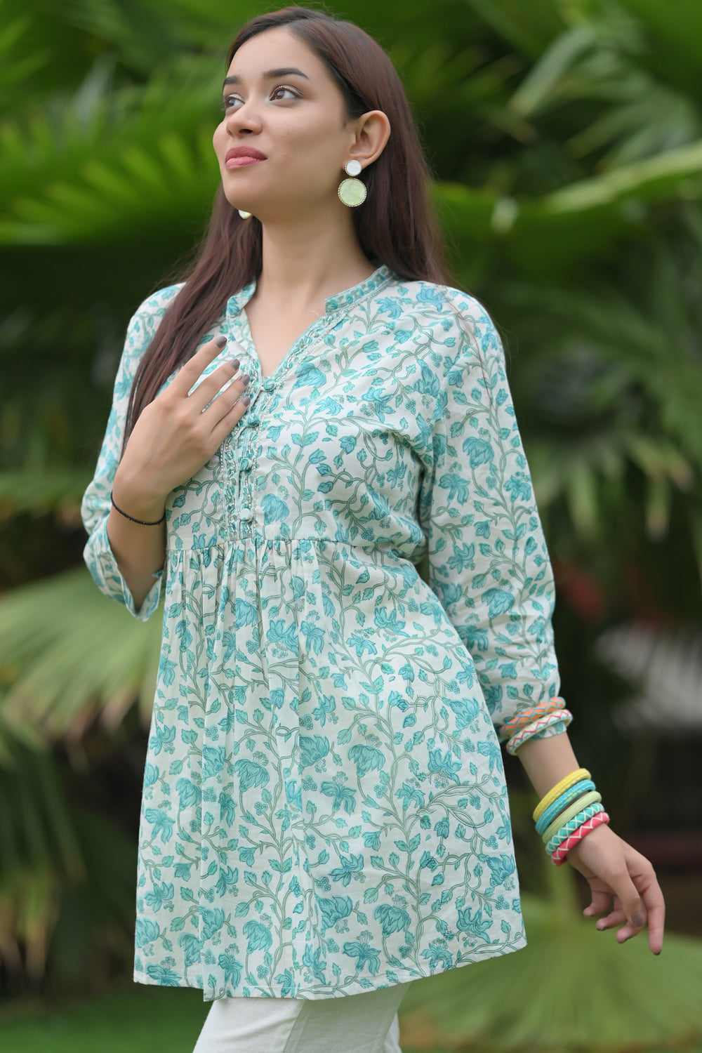 Aqua Blue Short Kurti and White pant set | Made To Order