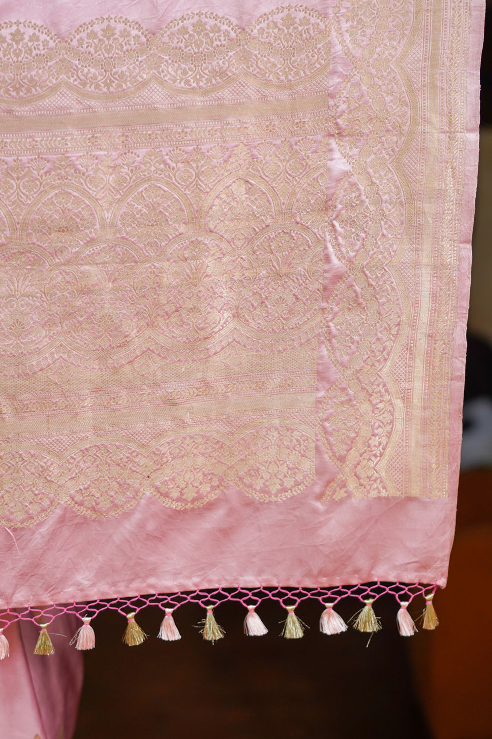 Banarasi Mashru Silk Saree in Pink & Gold with Zari Buttas & Scalloped border | SILK MARK CERTIFIED