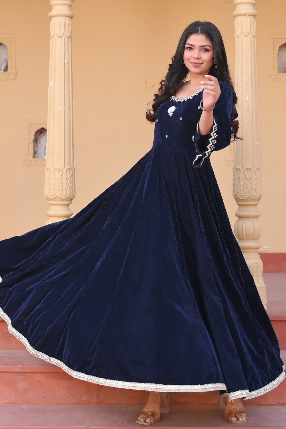 Midnight blue Nargis Velvet anarkali Set with Lace detailing border, 3 PIece Set | Made To Order