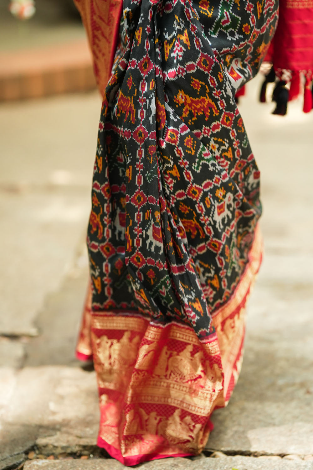 Ikkat Kanjivaram Fusion Silk Saree in Black & Red with Wide Zari Border | SILK MARK CERTIFIED
