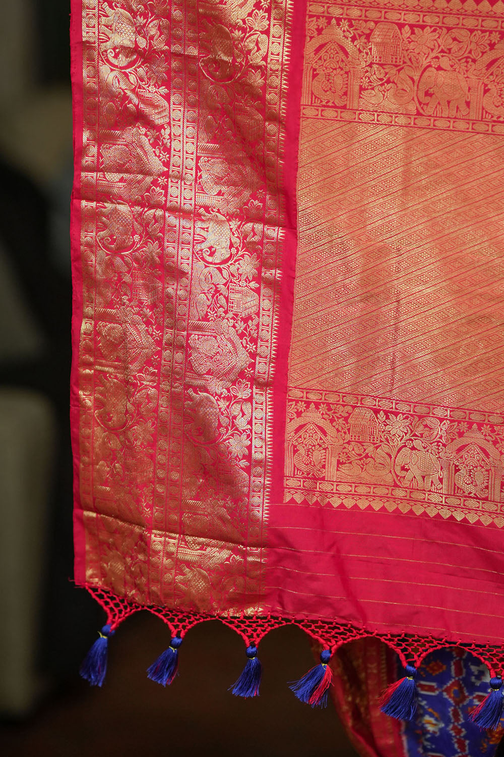 Blue Red Ikkat Patola and Kanjivaram Pure Silk Fusion Saree in SILK MARK CERTIFIED