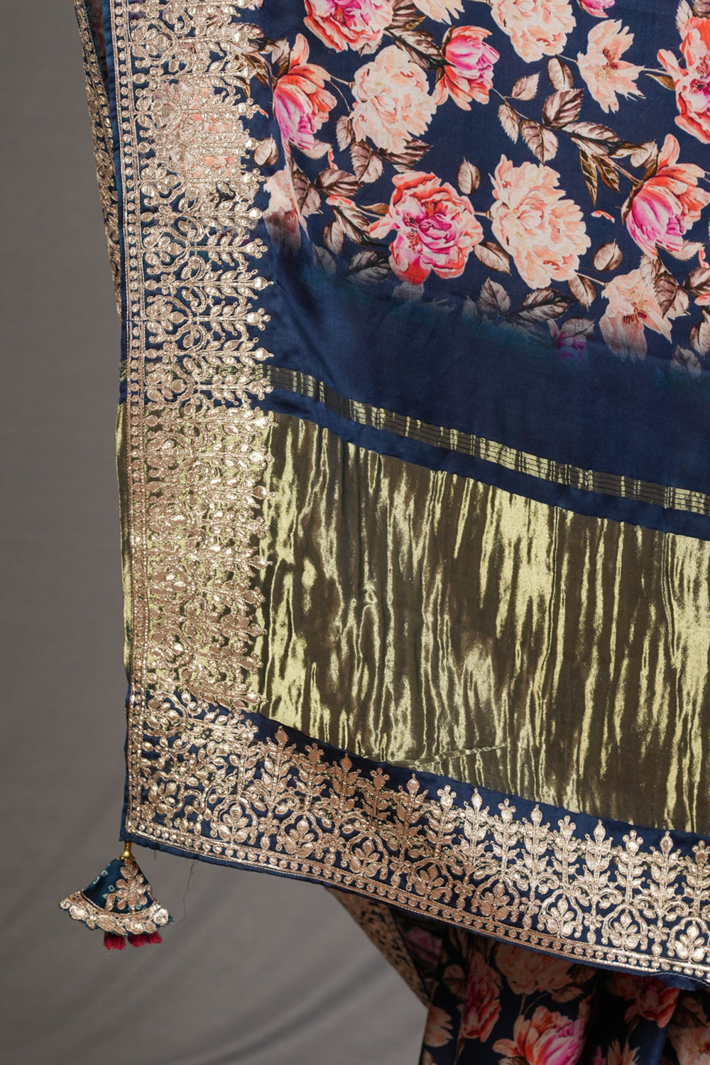 Navy blue gajji silk saree with floral print and crushed zari border