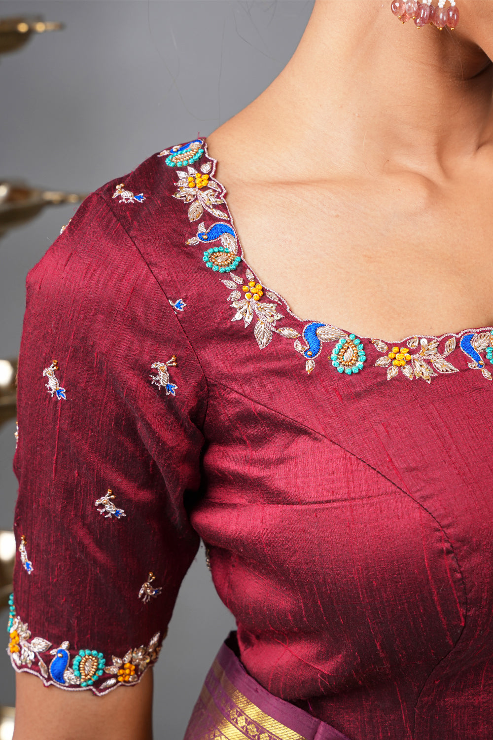 Maroon pure raw silk meenakari and zardosi peacock design square neck blouse