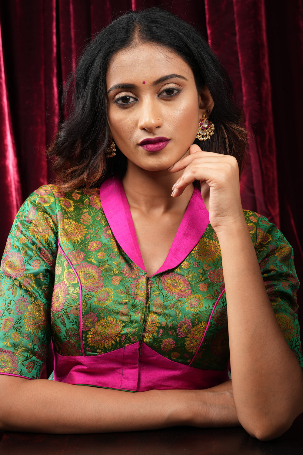 Green banarasi Tanchoi blouse with rani pink collar neck