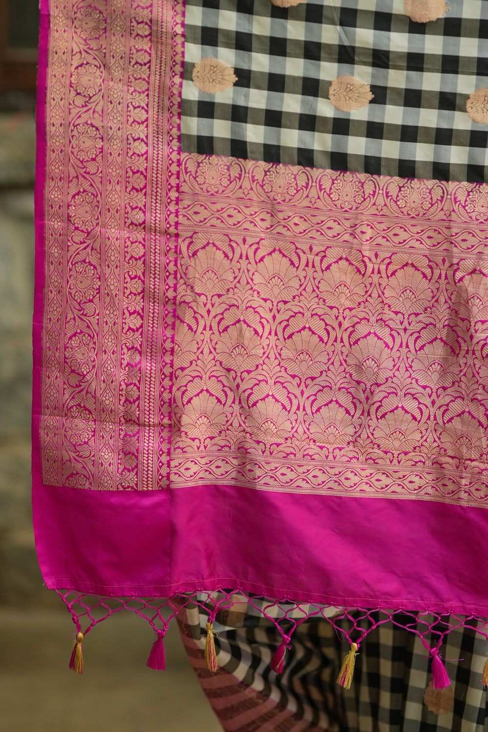 Pure Katan Silk Banarasi Saree in Black and White Checks with Contrasting Pink Borders | SILK MARK CERTIFIED