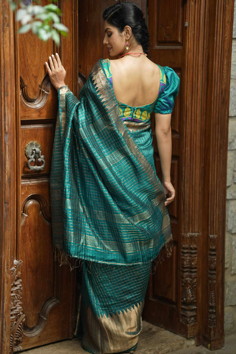 Rama green matka silk with zari checks and wide zari temple border Saree