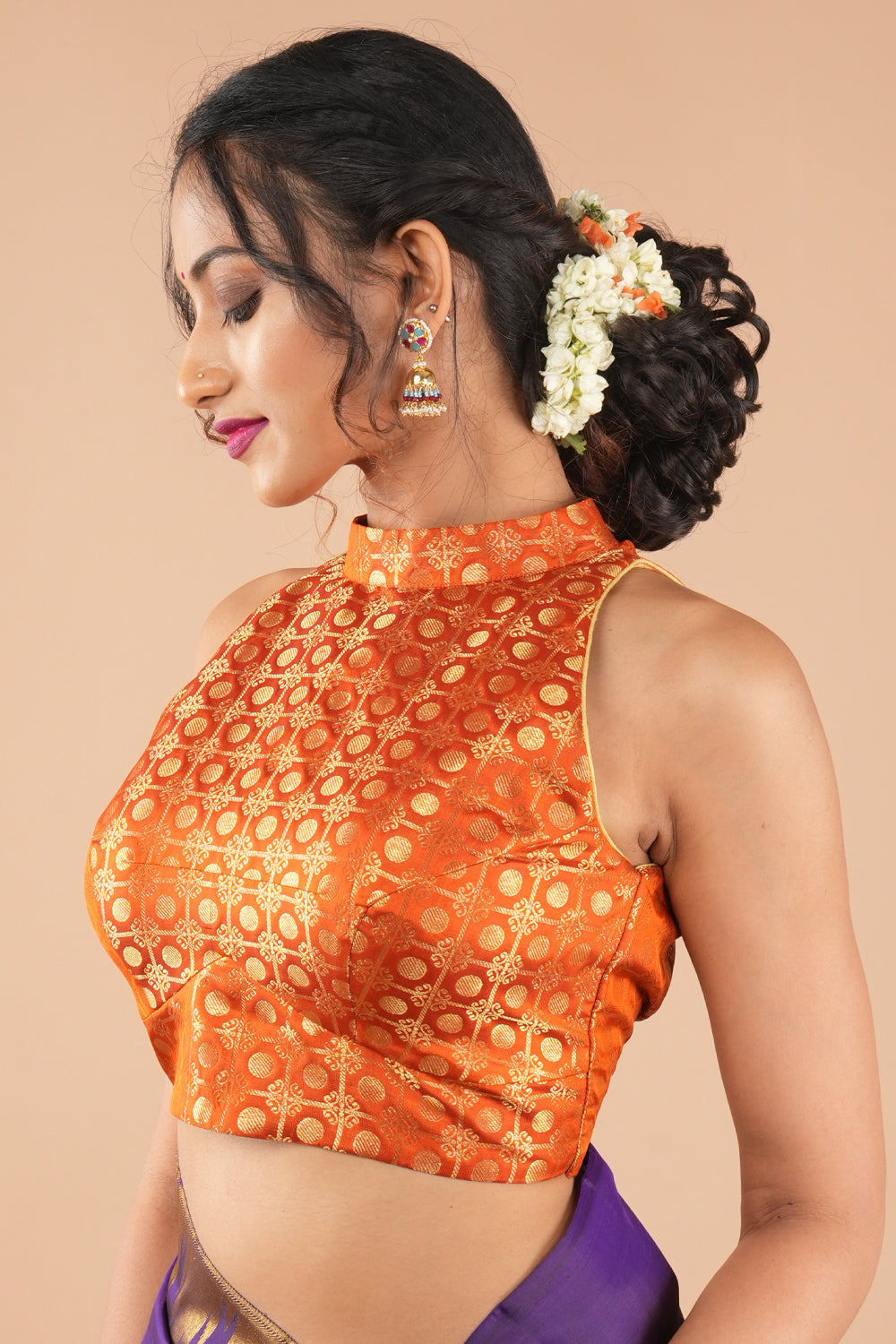 Sunset Orange Pure kanjivaram silk zari brocade halter neck blouse