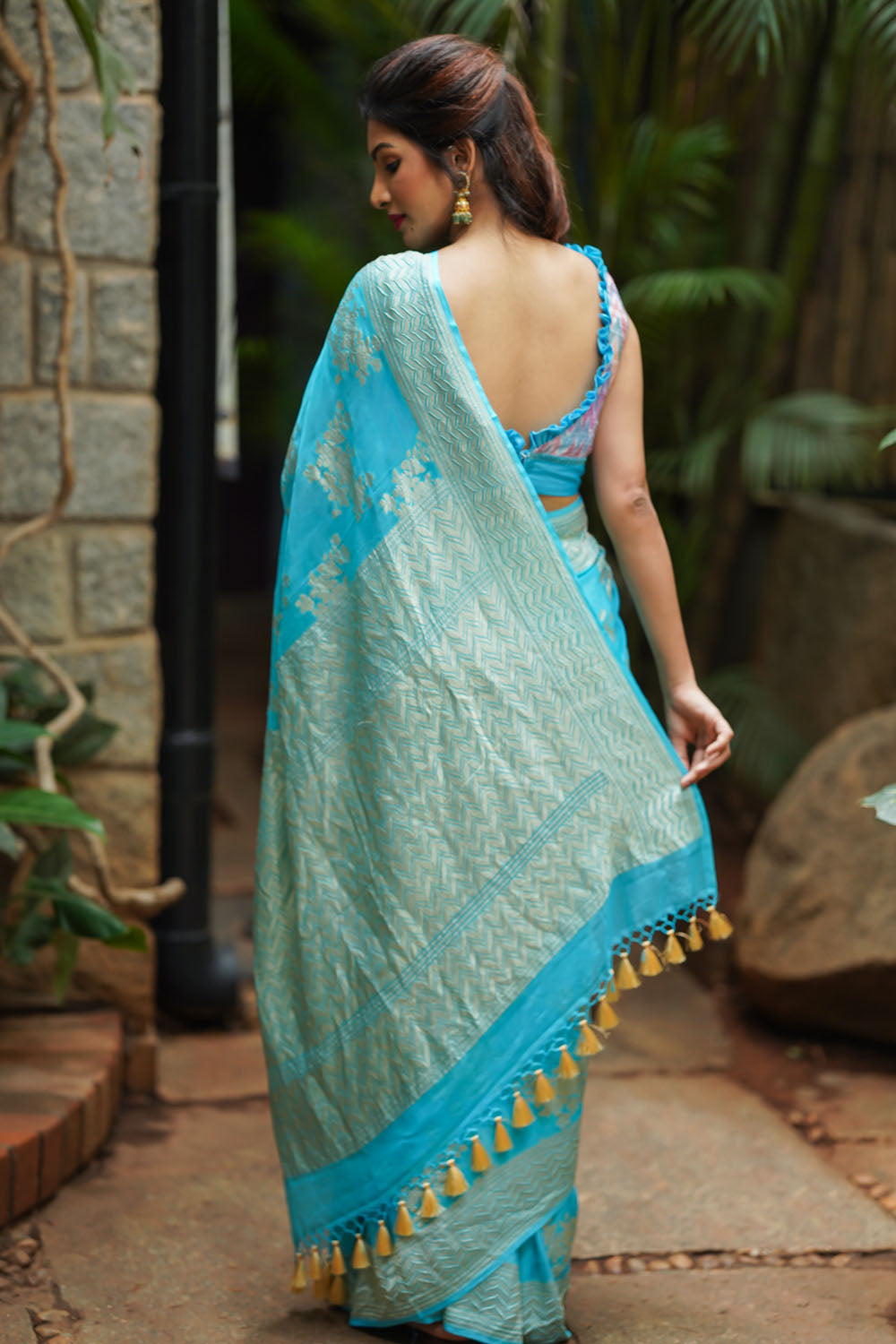 Turquoise Pure Silk Georgette Saree with Rose Jaal | SILK MARK CERTIFIED