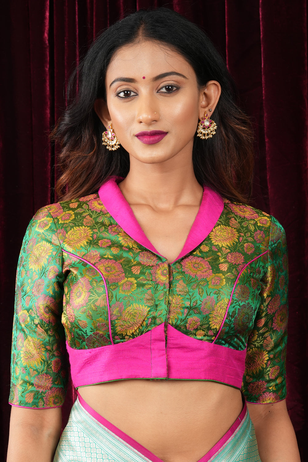 Green banarasi Tanchoi blouse with rani pink collar neck