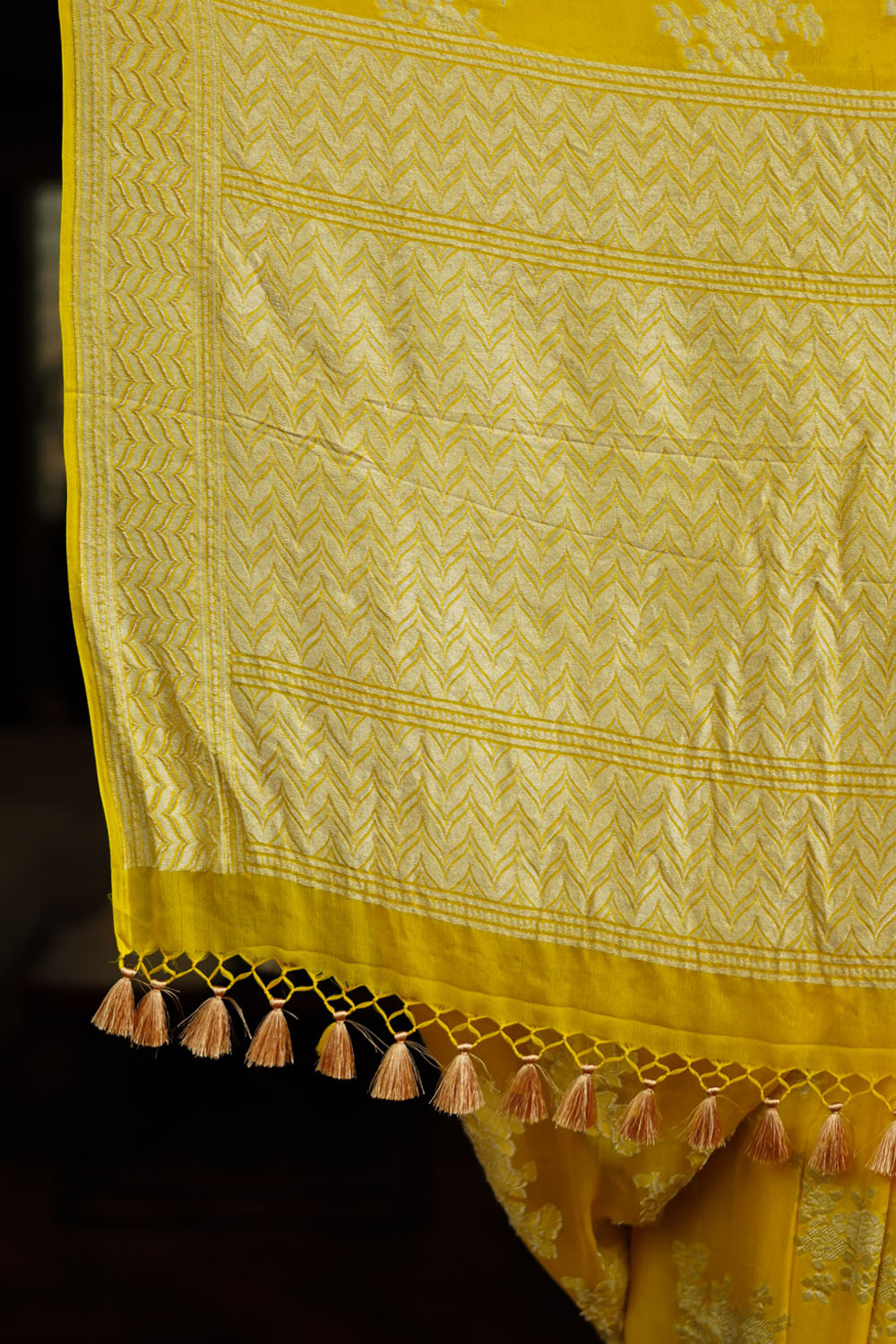 Yellow pure silk georgette with rose jaal / SILK MARK CERTIFIED