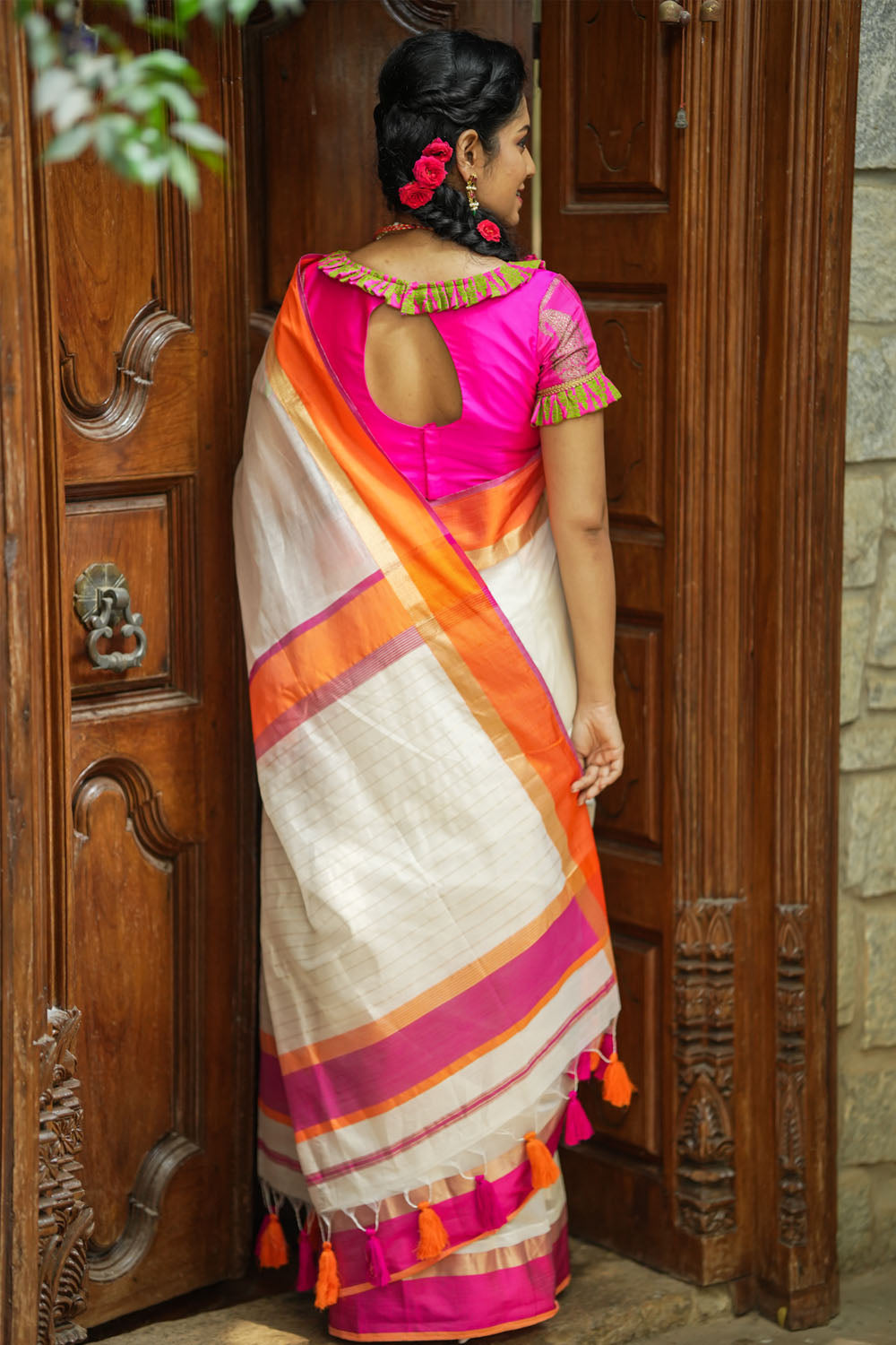 White silk maheshwari with ganga jamuna border
