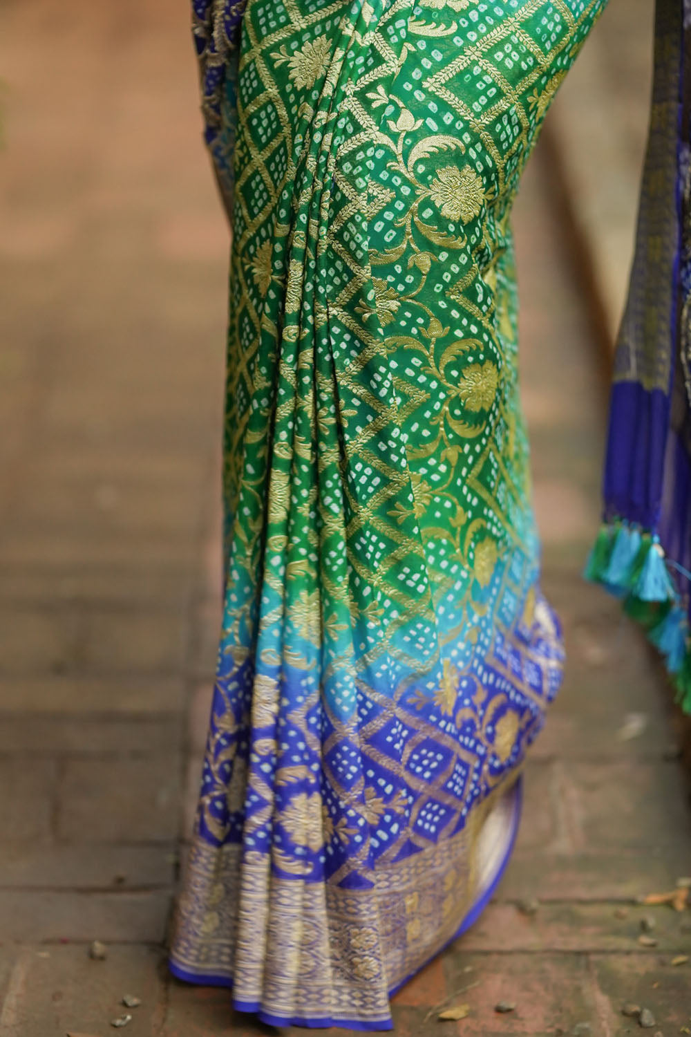 Authentic Hand Bandhej Banarasi Silk Georgette Saree in Green,Teal & Blue with Ombre jaal pattern| SILK MARK CERTIFIED