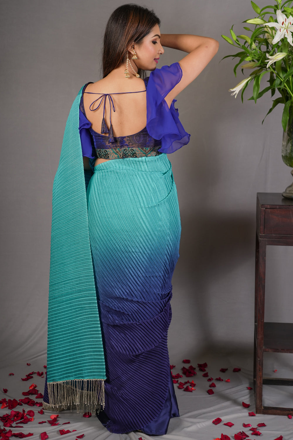 Sky blue ombre shaded pleated satin saree