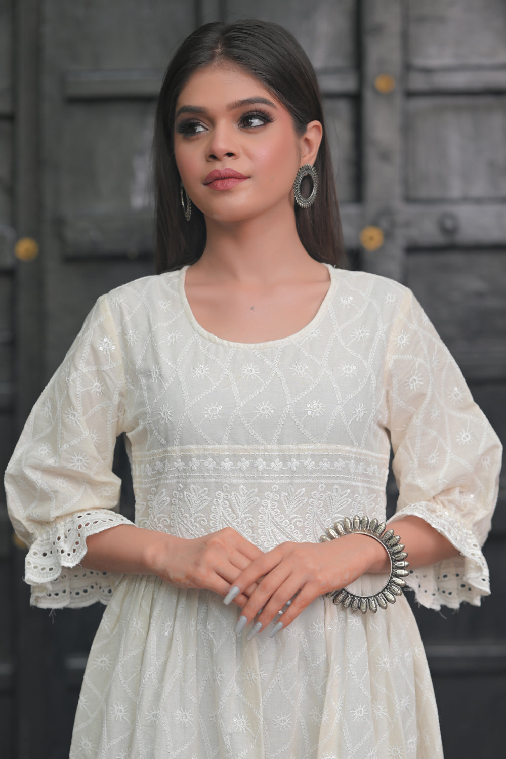 Sea Shell Chikankari Style Dress with Puff Sleeves and Eyelet Border | Made To Order
