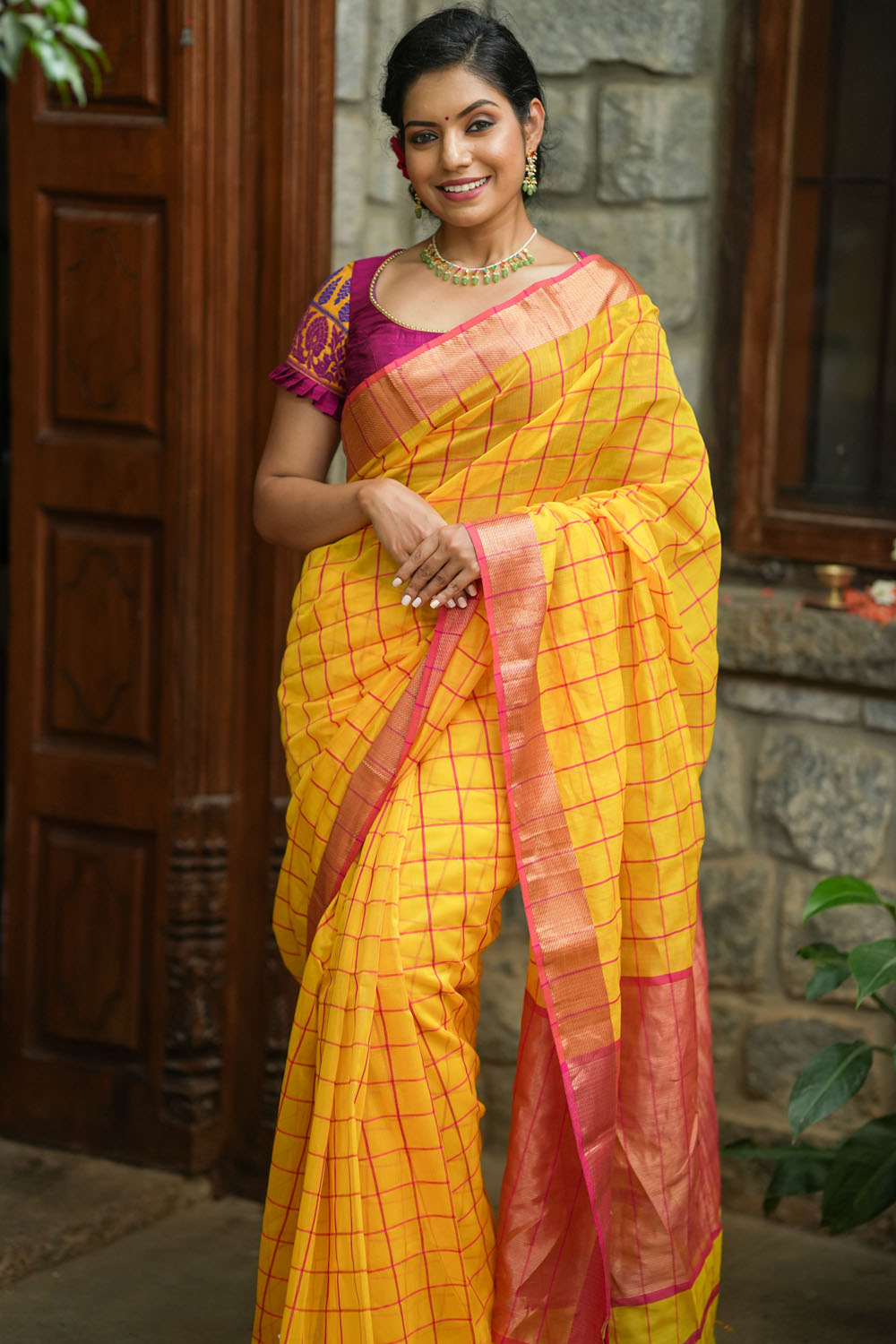 Yellow Red handwoven maheswari silk cotton Saree