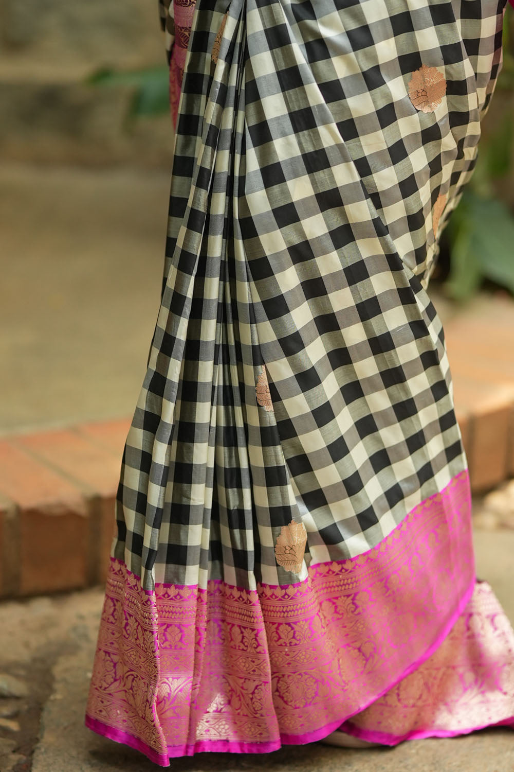 Pure Katan Silk Banarasi Saree in Black and White Checks with Contrasting Pink Borders | SILK MARK CERTIFIED