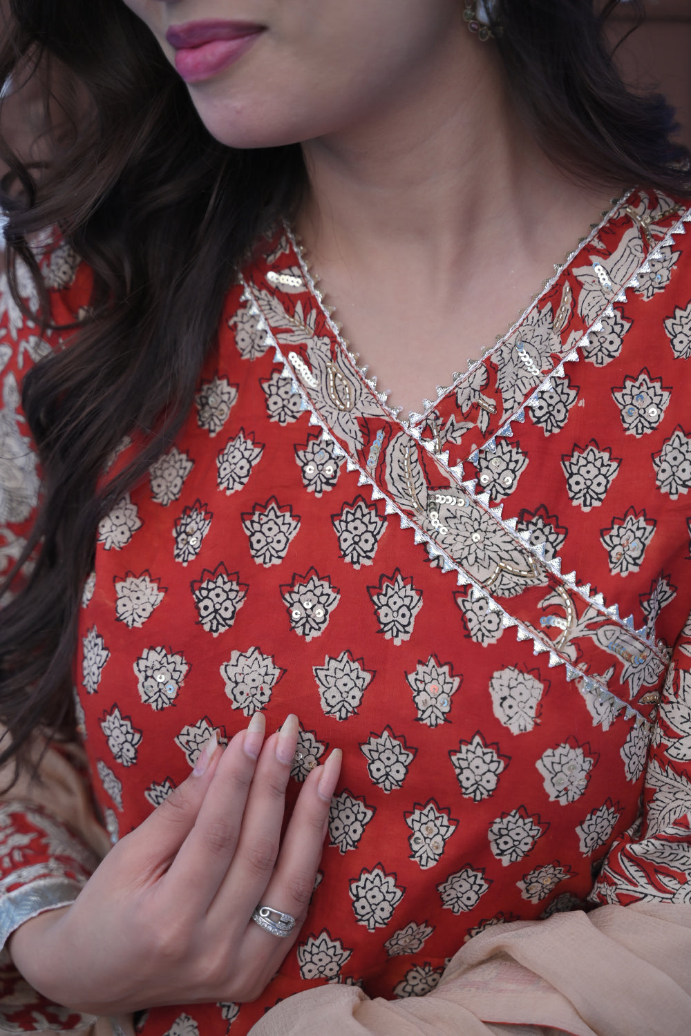 Maati Bagru Block Print Brick Red 6.5 m Flare Anarkali 3 Piece Set | Made To Order