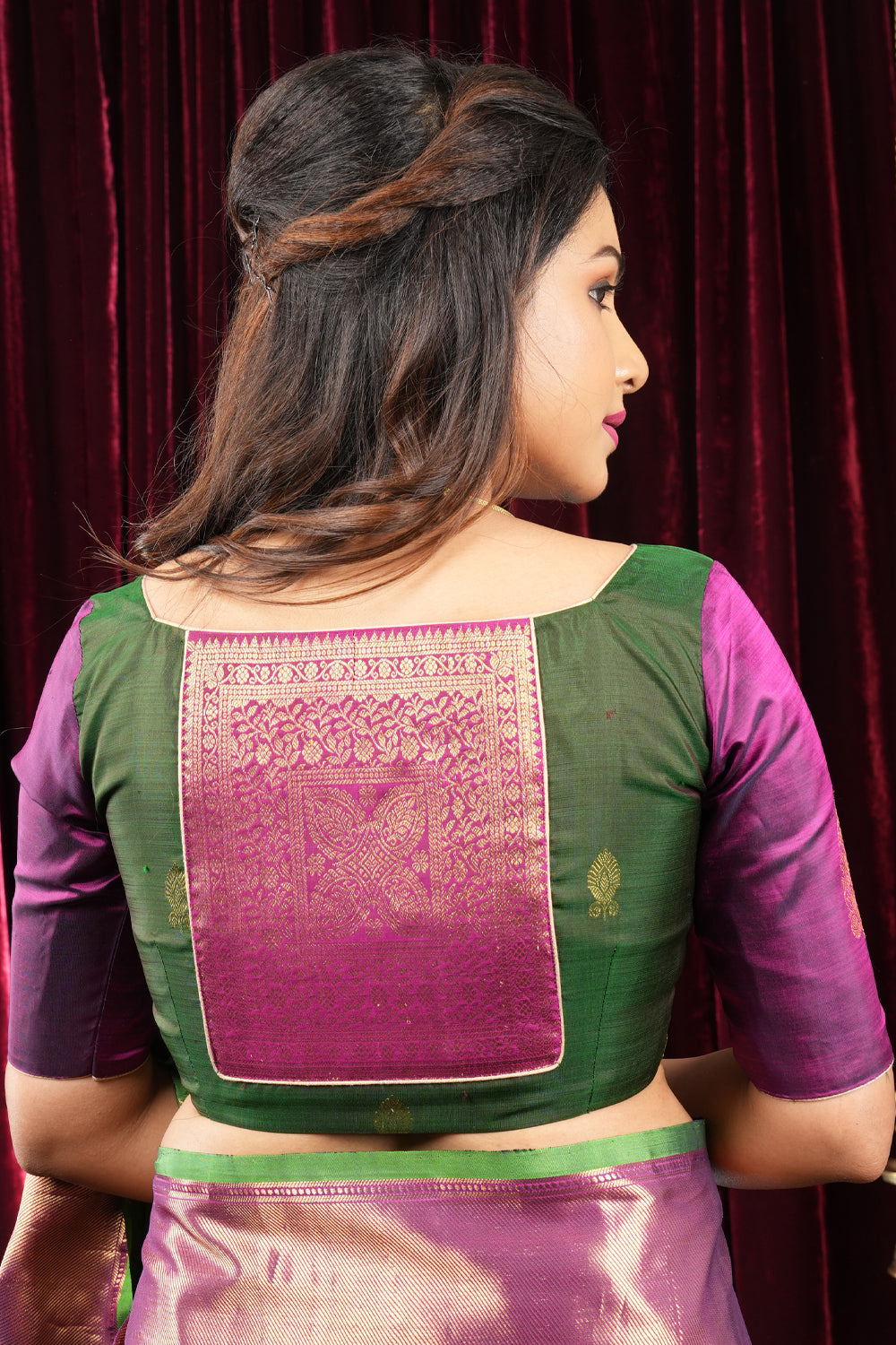 Green Kanjivaram blouse With Patch work at Center Back and Contrast Purple Sleeve