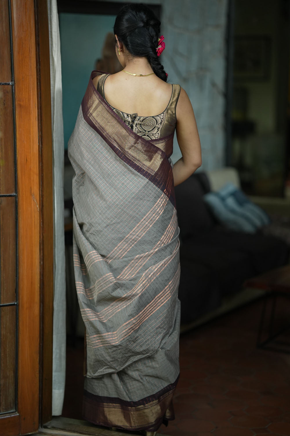 Grey & brown chettinadu Cotton Zari Checks Saree