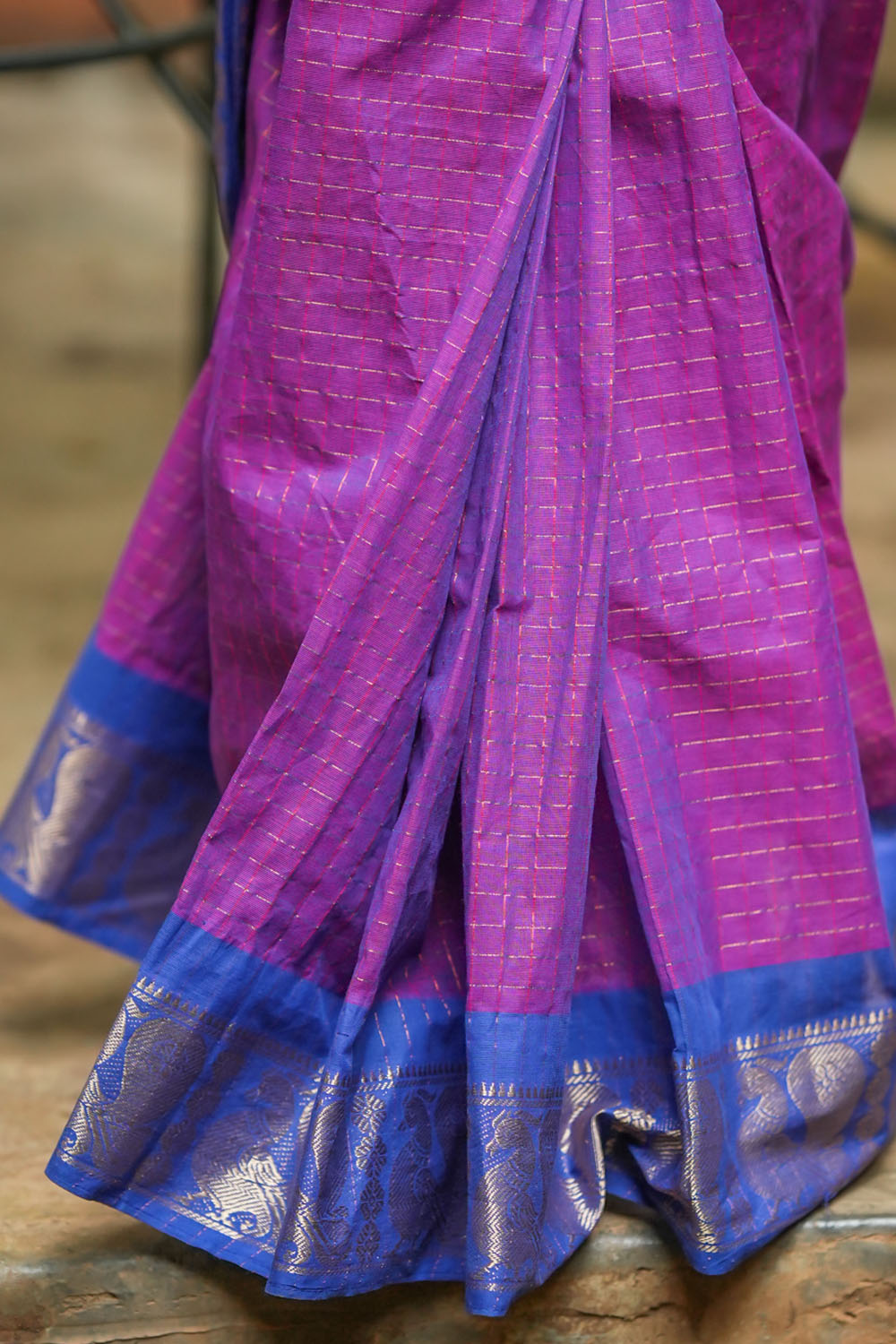 Dual tone plum chettinadu Cotton Zari Checks Saree