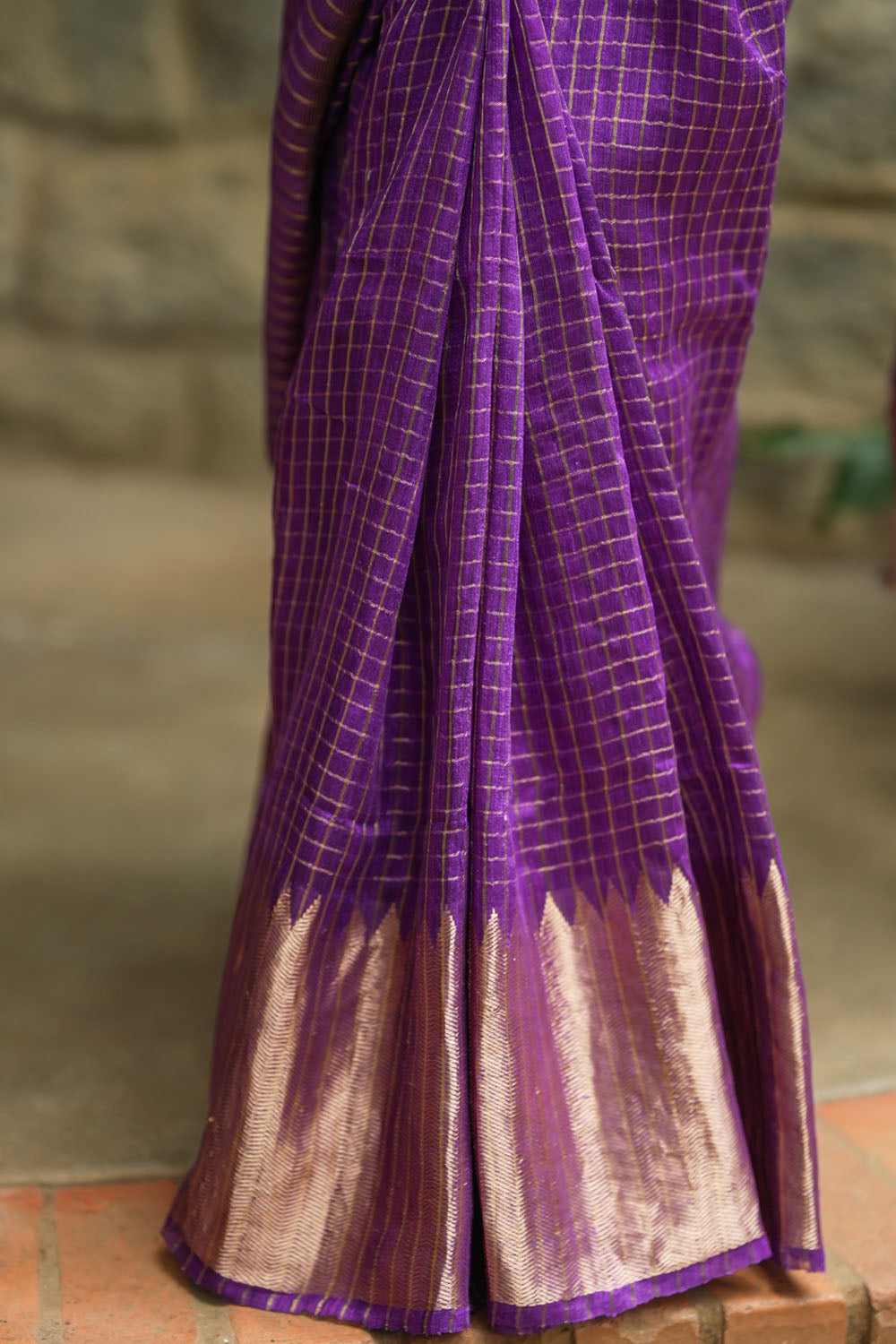 Matka Silk Saree in Purple with Zari Checks and Wide Zari Temple Border | SILK MARK CERTIFIED